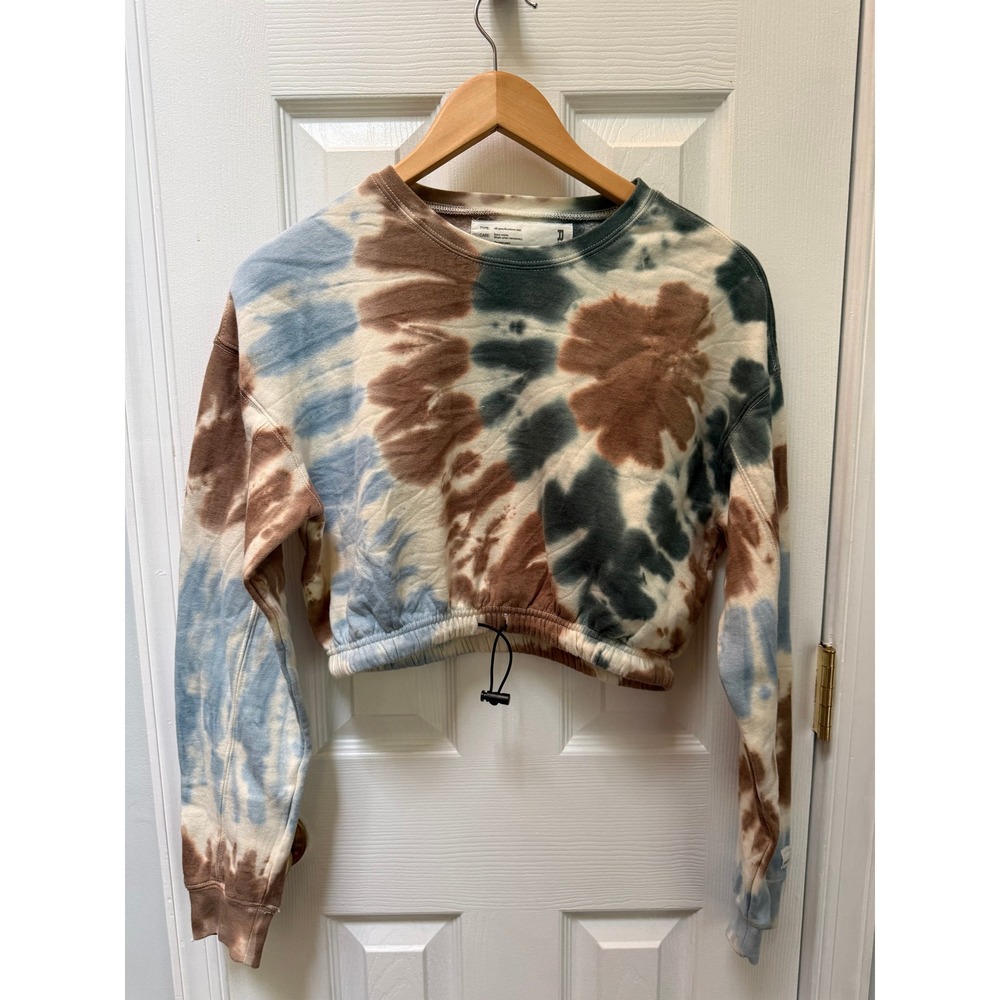RSQ Tie Dye Cropped Sweatshirt Women M Blue Brown Drawstring Hem Fleece Y2K